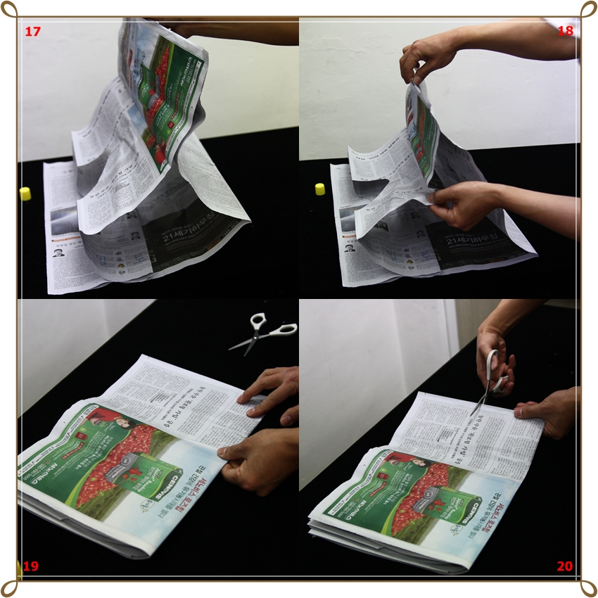 원리 설명 : ? 신문을 펼쳐서 보여지는 모습입니다. 하트로 잘라지지 않은 신문은 그대로이고 하트로 잘랐던 신문은 영어의 'W'형태로 접혀진 모습입니다. ? 잘 접어야 해요. ? 이제는 신문을 자를 차례 ? 신문을 자를 때는 조심해야 해요.